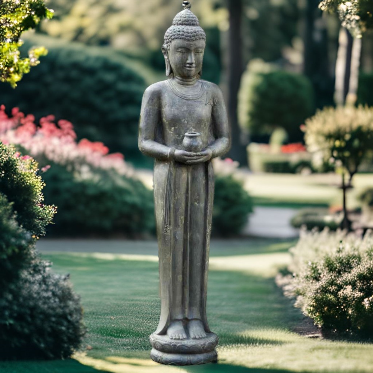 Großer stehender Buddha mit Trog in der Hand aus Steinguss