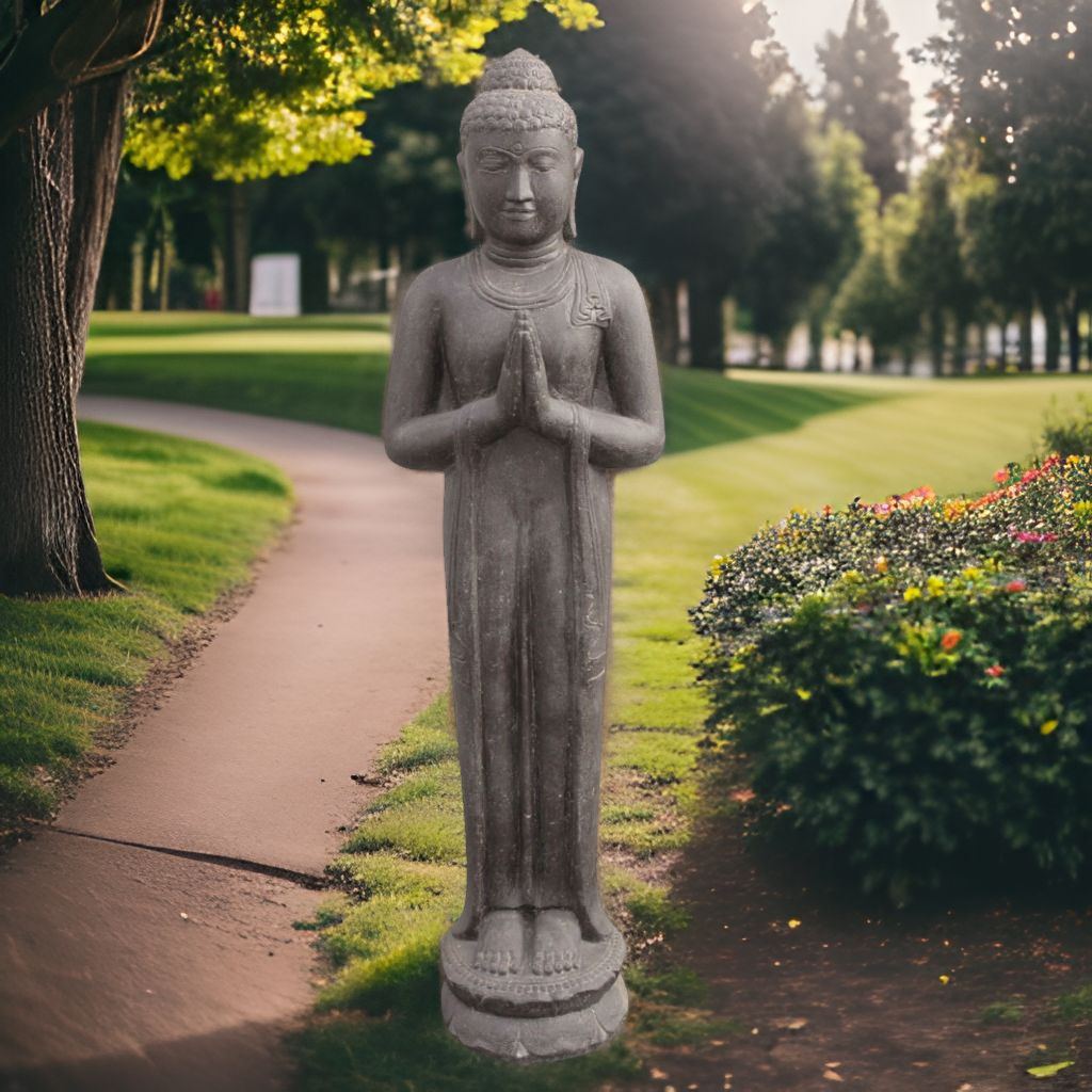 Großer stehender "Namaste" Buddha aus Steinguss