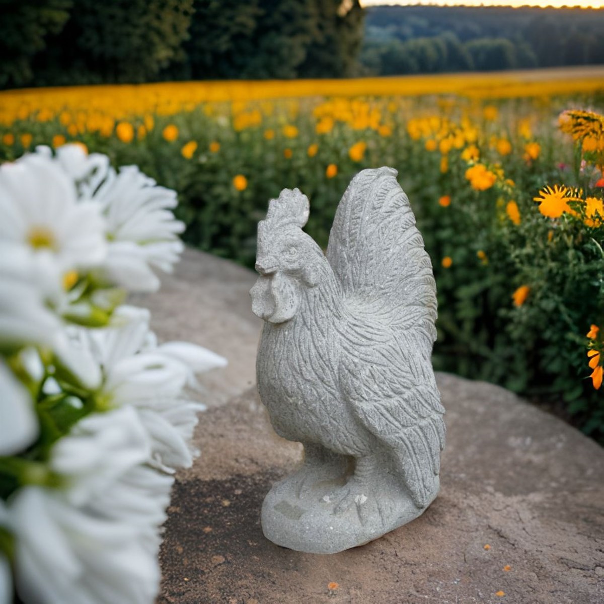 Stolzer Hahn Gartenskulptur aus Flussstein - Naturstein